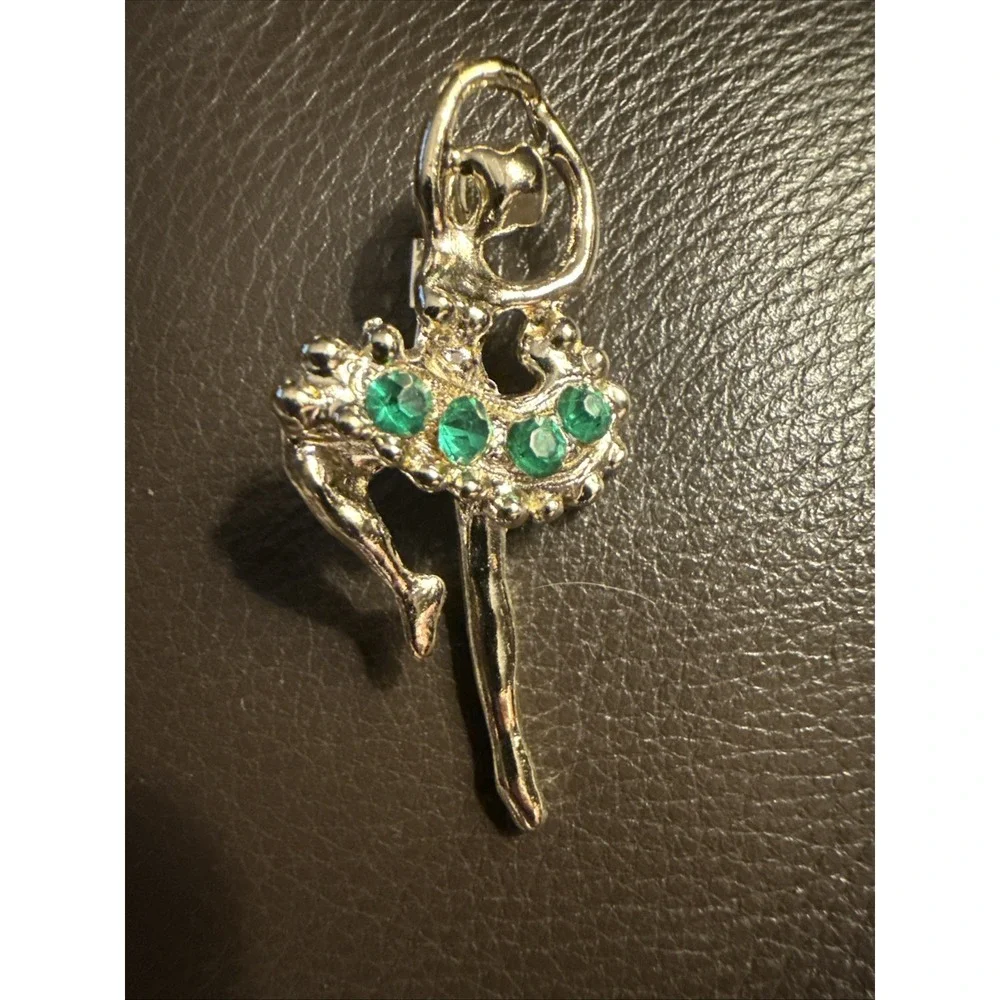 Vintage Gold Tone And Green Rhinestones Ballerina Brooch
